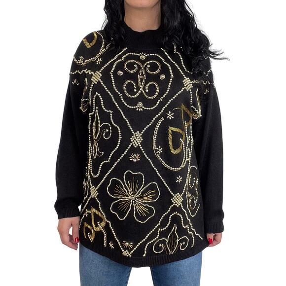 Victoria Jones 1980s Vintage Black & Gold Beaded Embroidered Sweater Large - Picture 1 of 10